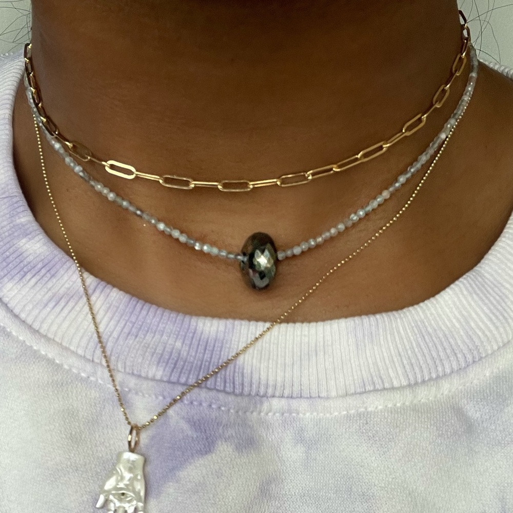 Moonstone + pyrite donut beaded necklace